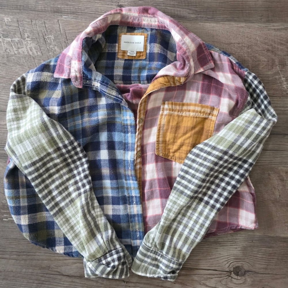 AEO Cropped Colorful Plaid Patchwork Button Down Shirt
